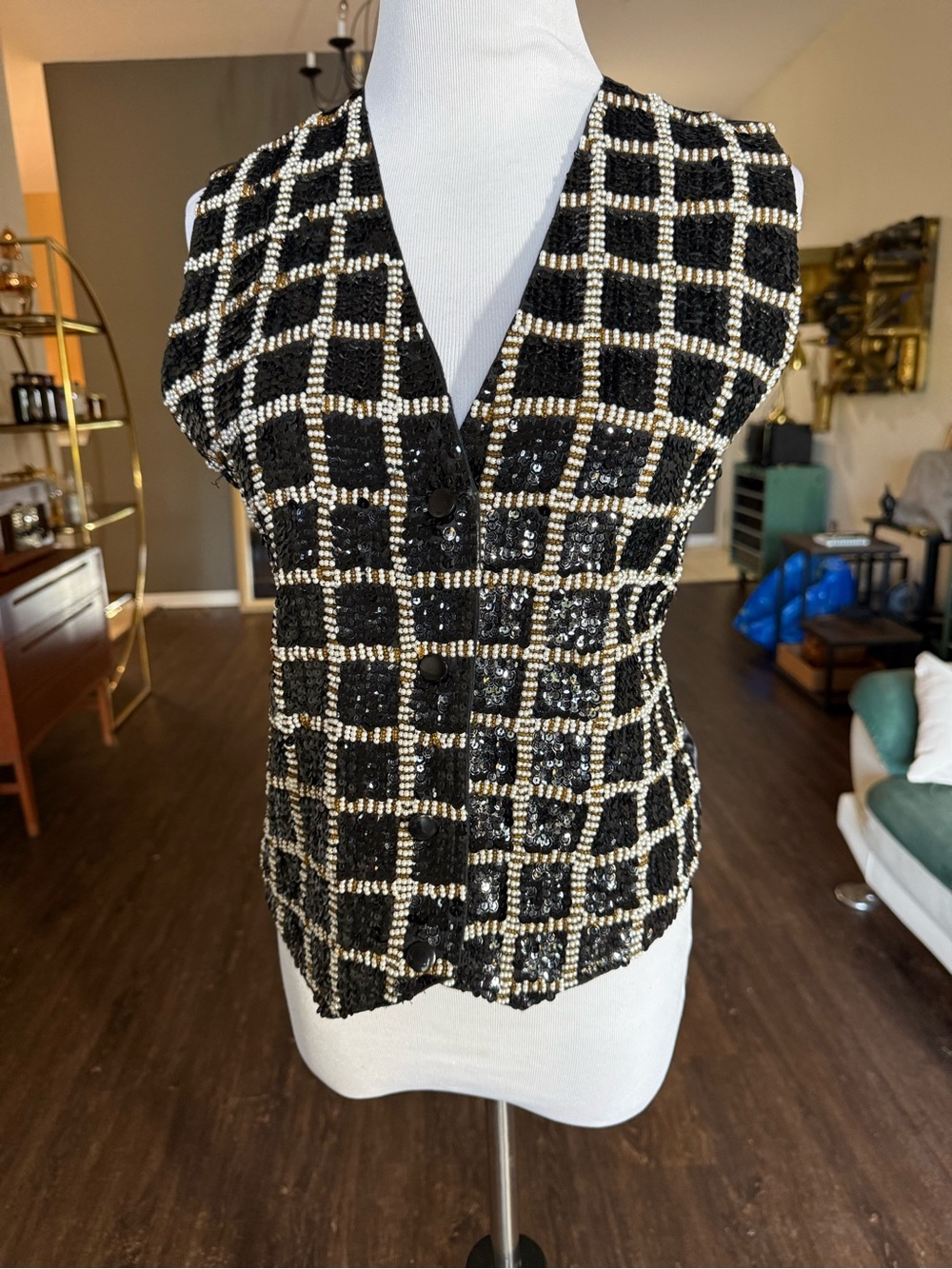 Vintage 80’s Creazioni Effeci Black Sequinsnd Pearl Bead Vest - Women's Top - Sm